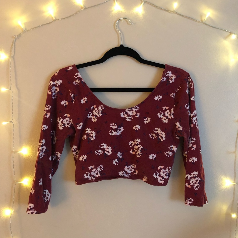 Maroon, blossom crop top with wrap back detail